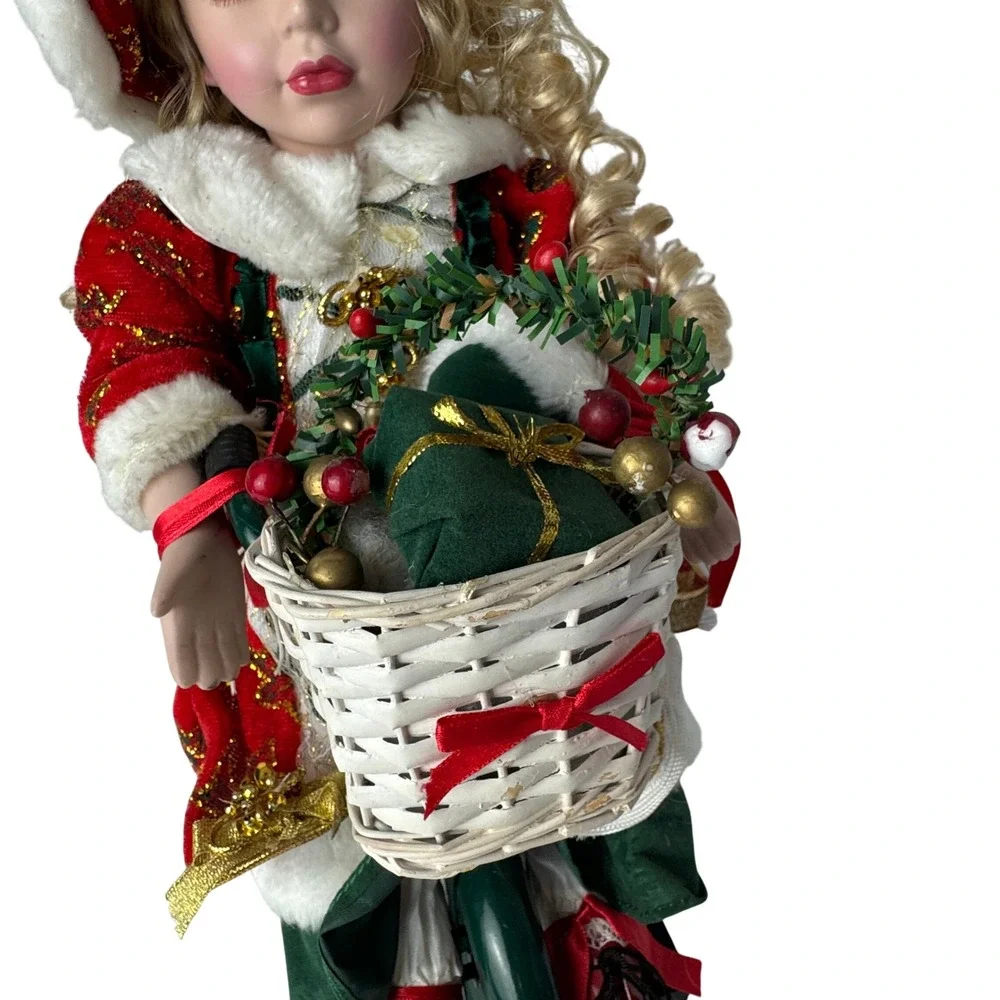 Vintage Porcelain Christmas Doll on Tricycle Red Velvet Gold Glitter 16‎ inch